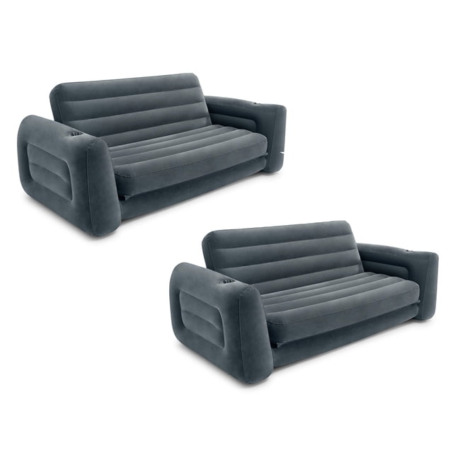 Intex Inflatable Pull-Out Sofa Bed Sleep Away Futon Couch, Queen, Gray (2 Pack) queen-size inflatable couch that converts to a queen air mattress; charcoal gray PVC futon with waterproof flocked top, backrest and armrests with two cup holders, extra-wide valves for fast inflation/deflation, air pump not included, suitable for camping or guest rooms.