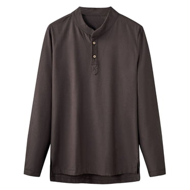 hotojiny Men's Henley Long Sleeve Shirts Casual Big and Tall Cotton Linen T-Shirts Loose Fit High Low Lounge Tee Shirts