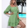thumbnail image 4 of AherBiu Boho Dresses for Women 3/4 Sleeve Square Neck Ruched Ruffle Summer Beach Cute Mini Dress, 4 of 7