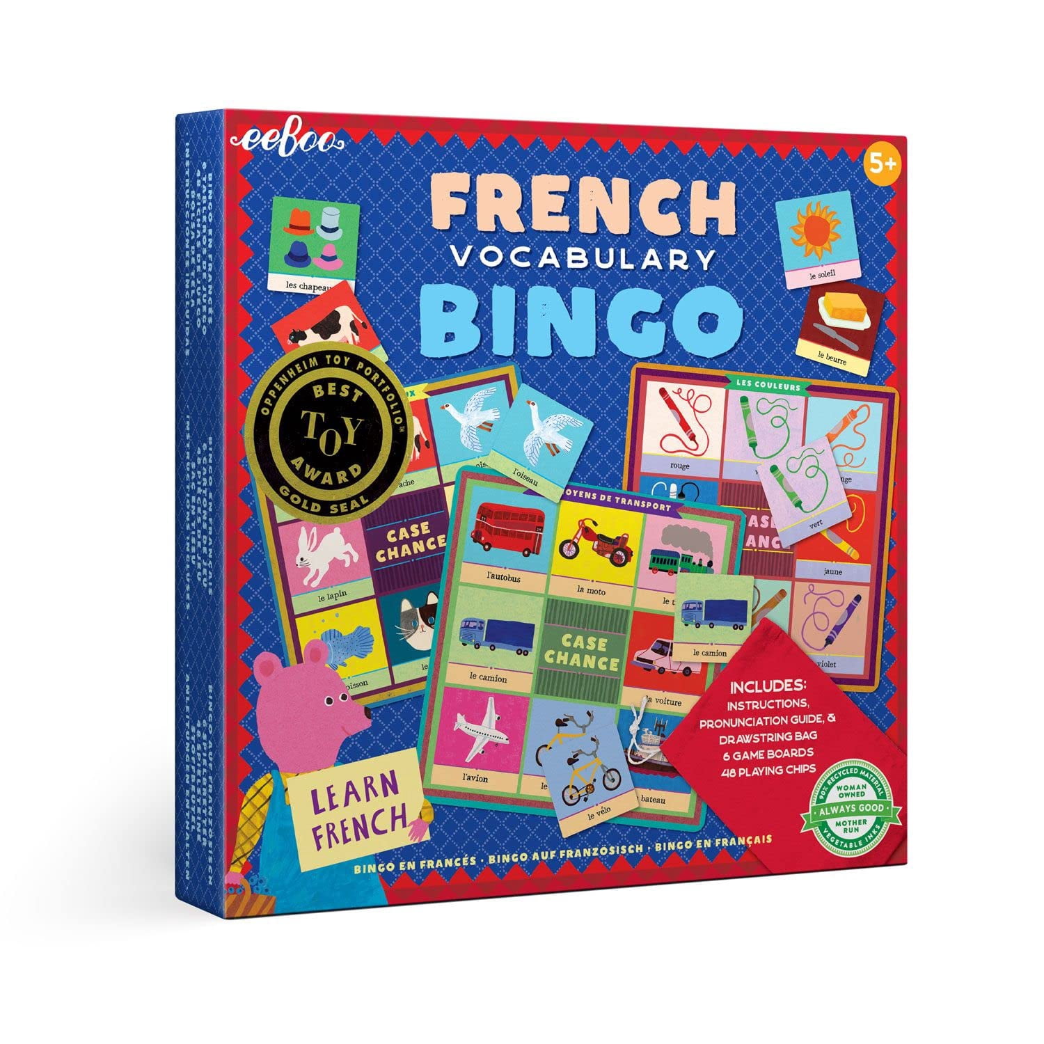 eeBoo French Vocabulary Bingo for Kids Ages 5+, 2-6 Players