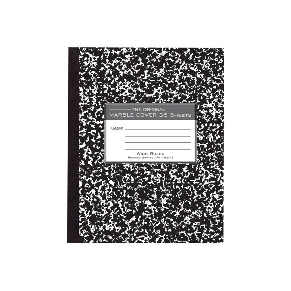 Marble Composition Notebook 8.5"X7" 36 Sheets-Black Flexible Cover, Wide Rule