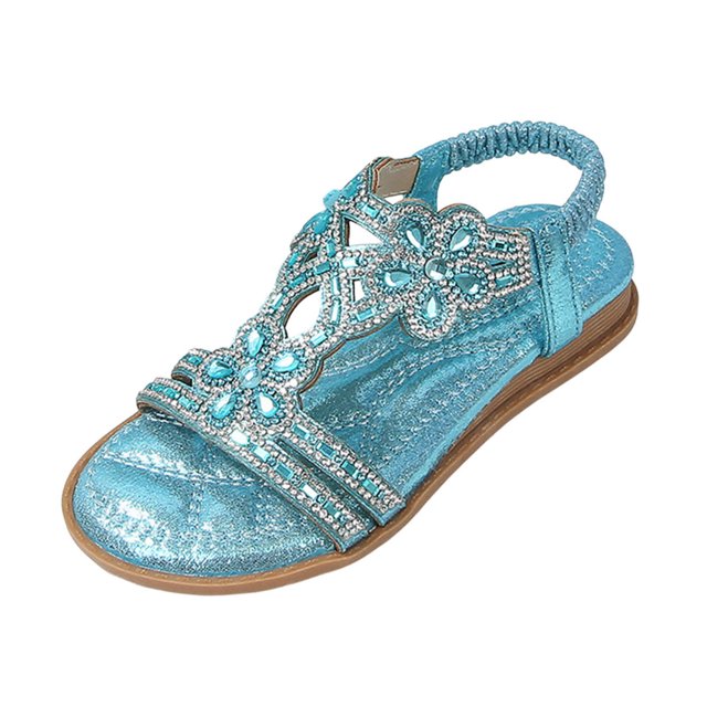 MIASHUI Girls Princess Sandals Kids Rhinestone Elastic Ankle Strap Casual Beach Shoes,Blue,11.5-12 Years