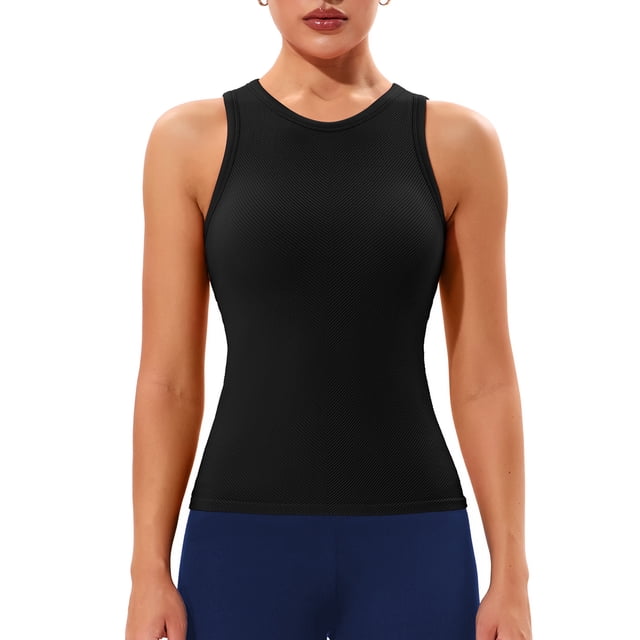 Charmo Ribbed Seamless Tank Top for Womens High Neck Tops Built in Bra