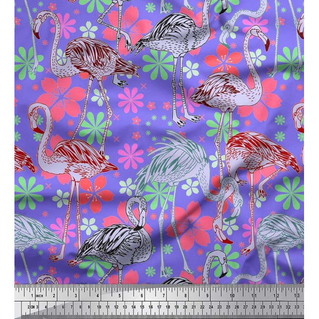 Soimoi Satin Silk Fabric Floral & Flamingo Bird Print Fabric by Yard 42 Inch Wide