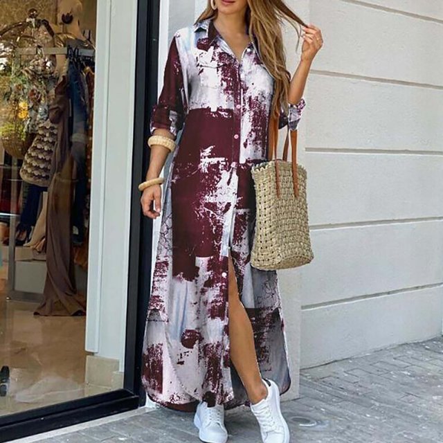 CEHVOM Robe Longue Décontractée pour Femme à Col en V, à Agencement de Couleurs, avec Boutons et Poches, à Manches Longues