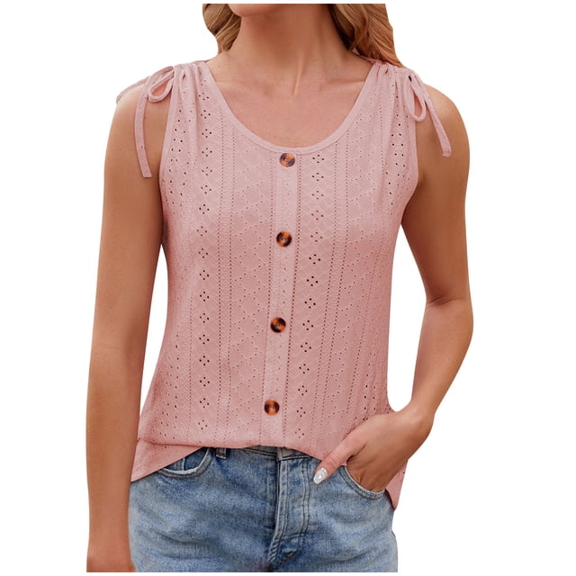 Mrat Débardeurs à Col Rond Nouveaux Débardeurs à Boutons pour Femmes Printemps/été avec Encolure Ronde en Dentelle Sans Manches Amples Hauts Débardeurs pour Femmes P-36 Rose-A L