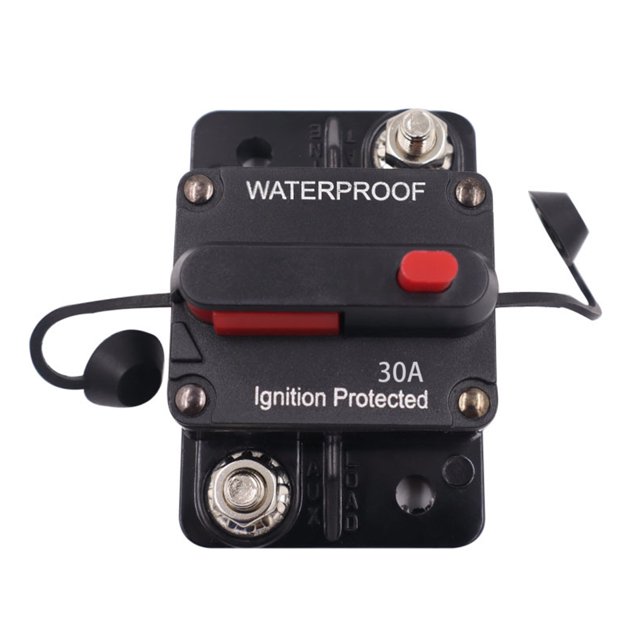 30A 40A 50A Circuit Breaker Fuse Reset Waterproof 12-48V DC for Car Boat. A black zinc alloy circuit breaker with a red manual reset switch, labeled 'Waterproof' and 'Ignition Protected 30A.' Features protective rubber caps and M6 x 2 connecting bolts. Suitable for trucks, buses, RVs, marine systems, and auxiliary circuits. Dimensions: 7.4 x 4.9 x 4.4 cm.
