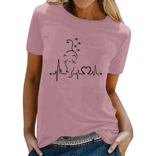 TSADFHJI T-Shirt en Coton pour Femmes Femmes Printemps Été Chats Imprimé Manches Courtes Col Rond T-Shirt Haut TTG