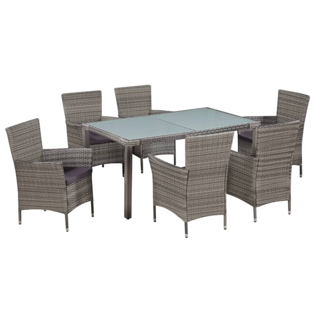 vidaXL Ensemble de Salle à Manger d'Extérieur 7 Pcs avec Coussins en Rotin Poly Gris Comprenant une table Rectangulaire à Dessus en Verre Mesurant 150 x 90 x 75 cm et six Chaises Assorties avec des Cadres en Rotin PE Gris et des Coussins Amovibles Gris Foncé. les Chaises Mesurent 58 x 61 x 88 cm, avec une Hauteur d'Assise de 42 cm. Conçu pour une Utilisation Extérieure avec des Matériaux Résistants à l'Eau et des Cadres en Acier Enduit de Poudre pour la Durabilité.