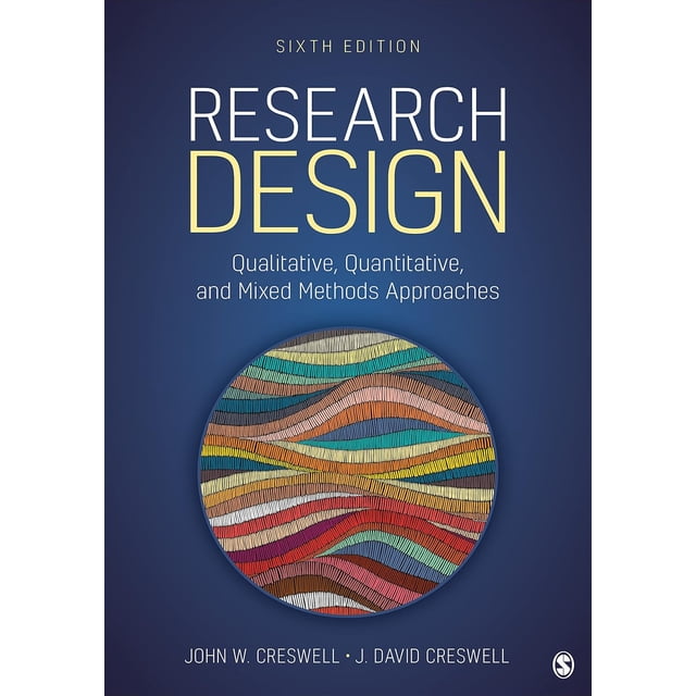 La Couverture du Livre « Research Design : Approches Méthodes Qualitatives, Quantitatives et Mixtes » par John W. Creswell et J. David Creswell, Sixième Édition. la Conception Présente un Fond Bleu Foncé avec le Titre en Grand Texte Jaune et Blanc. sous le Titre Se Trouve un Motif Abstrait Circulaire Multicolore Ressemblant à des Vagues. les Noms des Auteurs Sont Affichés au Bas en Texte Blanc.