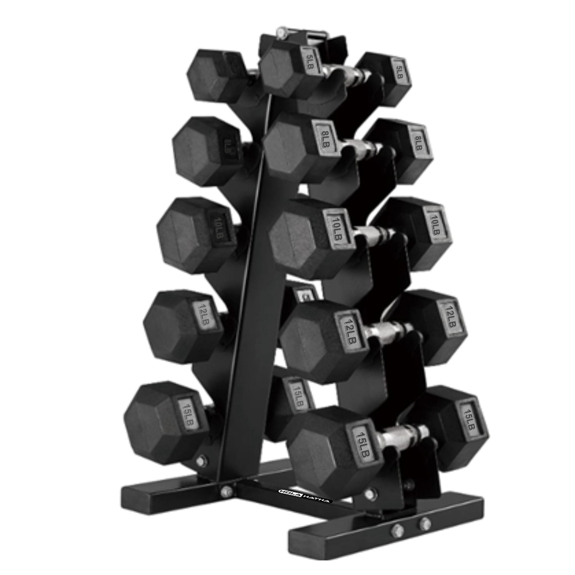 HolaHatha 5, 8, 10, 12 & 15 lbs Hex Dumbbell Weight Set with Rack, Black