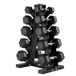 HolaHatha 5, 8, 10, 12 & 15 lbs Hex Dumbbell Weight Set with Rack, Black
