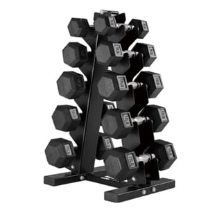 HolaHatha 5, 8, 10, 12 & 15 lbs Hex Dumbbell Weight Set with Rack, Black