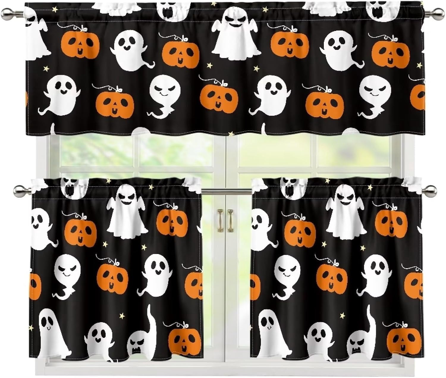 Halloween Ghost Kitchen Curtains and Valances 3 Piece Set,Valance Curtains for Kitchen Windows Halloween Kitchen Curtains Tiers and Valances for Cafe Living Room Window Decor