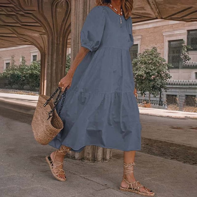 LOVZFMLL Mode Femmes Ample Couleur Unie O Manches Bouffantes Décontractée Manches Courtes Robe Gris P