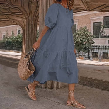 LOVZFMLL Mode Femmes Ample Couleur Unie O Manches Bouffantes Décontractée Manches Courtes Robe Gris m