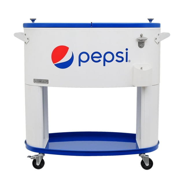 Permasteel 80QT Oval Pepsi Patio Cooler in white with blue accents, featuring a vintage Pepsi logo, powder-coated steel construction, two side handles, double lid with blue knobs, built-in bottle opener, bottom shelf, and caster wheels for easy outdoor mobility, suitable for camping and picnics.