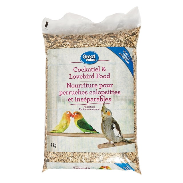 Great Value Nourriture pour Cockatiel et Tourterelles Sac de 4 kg Montrant des Graines Mixtes à l'Intérieur Emballage en Plastique Transparent avec une Étiquette Mettant en Vedette un Cockatiel et Deux Tourterelles sur des Perchoirs en Bois, Formulée comme un Régime 100 % Complet et Équilibré pour les Oiseaux d'Intérieur Domestiques.