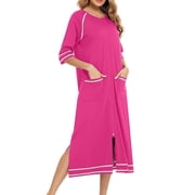 Pajama Dress for Women Zipper Robes for Women Short Sleeves Zipper House Coat Long Bathrobes Lightweight Nightgown with Pockets S-17 Hot Pink-a M