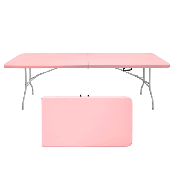 GOWE 8ft Pink Folding Table, Portable Plastic Table for Camping, Picnics, Partie Foldable design includes a side lock and handle, making it easy to take on the go or store away in a compact space wh