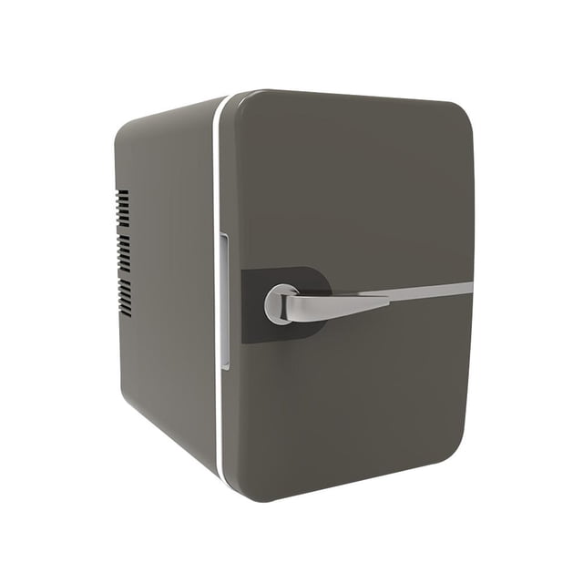 6L Mini Car Refrigerator Small Refrigerated Cosmetic Refrigerator Beverage C3 W0B0 in a sleek gray finish. This compact fridge features a handle for portability and measures approximately 17×24×24.5 cm (6.6×9.4×9.6 inches). Designed for dual use at home or in vehicles, it operates on AC100-240V or DC12V power and maintains a refrigeration temperature 15-20℃ lower than ambient or heats up to 55-65℃. Ideal for storing beverages, cosmetics, or skincare products, it holds up to six 12-ounce cans. Suitable for bedrooms, offices, cars, and outdoor activities like camping or boating.
