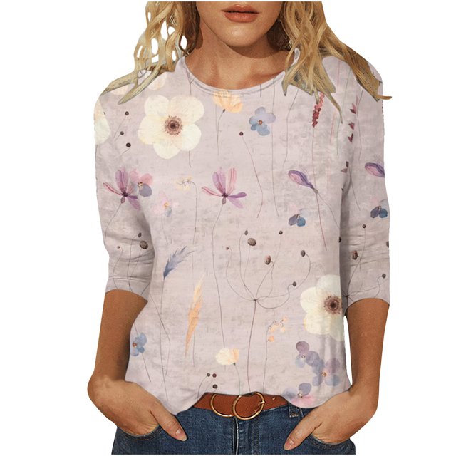 Birdeem T-Shirt Imprimé pour Femmes, Blouse Mi-Longue à Manches 3/4, Col Rond, Hauts Décontractés