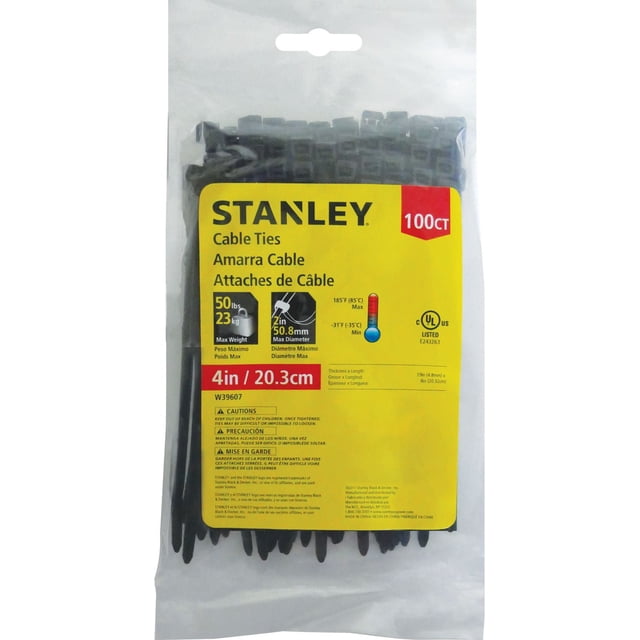 Stanley 100ct 4 in. black cable ties in clear packaging with yellow label showing max weight 50 lbs, max diameter 2 in, and temperature range -31°F to 185°F, suitable for hardware fasteners and rope and chain accessories.