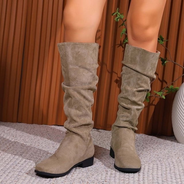 Babysbule Chaussures pour Femmes en Liquidation, Bottes Hautes à Enfiler pour Femmes à Talon Carré de Couleur Unie, Bottes Hauteur Genou à Bout Rond