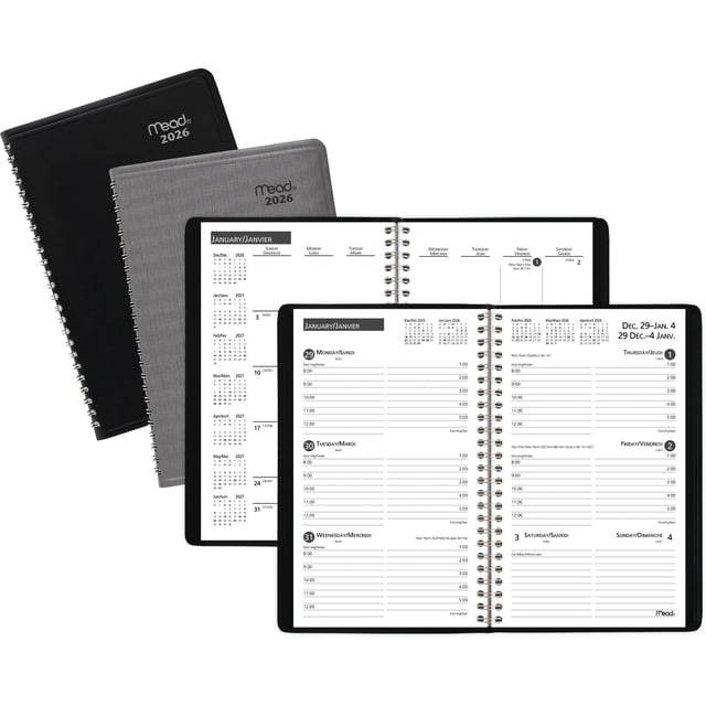 2006 Mead® Medium Weekly Planner in assorted black and grey twin wire-bound covers, open to bilingual weekly and monthly calendar pages with hourly appointments from 8 a.m. to 5 p.m. Monday to Friday, lined weekend spaces, and multiple month references for efficient scheduling.