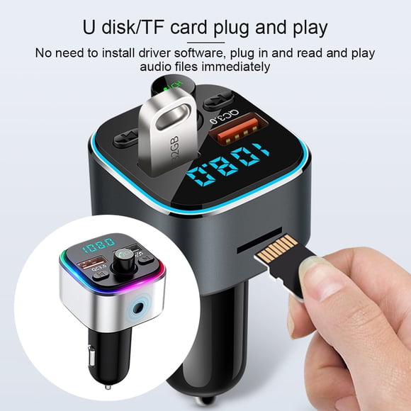 Car MP3 Player Dual USB Car Audio Adapter Colorful USB Car Audio LED Bluetooth-compatible V5.0 MP3 Player Charger, Silver