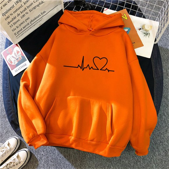 DondPO Essentials Hoodie Hoodies for Women Women's Autumn And Winter Fashion Simple Long Sleeve Hooded Heart Chain Sweater Long Sleeve Shirts Sweatshirt for Women Orange M