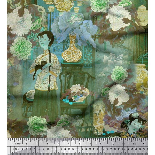Soimoi Rayon Fabric Flower Vase,Cat & Girl Human Figure Decor Fabric Printed Yard 42 Inch Wide