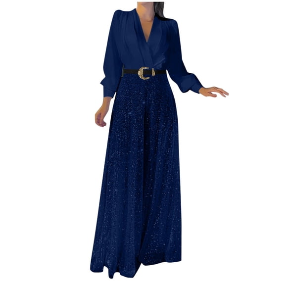 yoeyez Jumpsuits for Women Casual 2025,Womens Sequin Solid Color Splice Overalls Rompers Dressy Elegant V Neck Long Sleeve Playsuit Jumpsuit Long Pants Dark Blue,XL