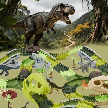 Dinosaur Race Track Toy Set with Lights & Sounds, Buildable Adventure Playset with Cars & Figures, Best Gift for Kids Ages 3-8