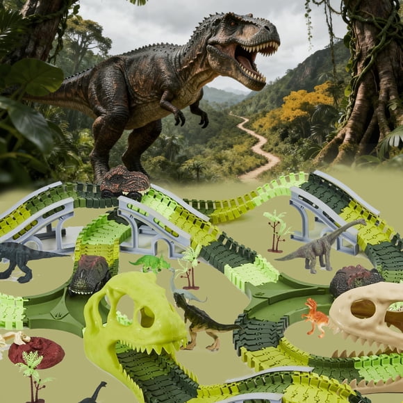 Ensemble de Piste de Course de Dinosaures avec Lumières et Sons, Ensemble de Jeu d'Aventure à Construire avec Voitures et Figurines, Meilleur Cadeau pour Enfants de 3 à 8 Ans