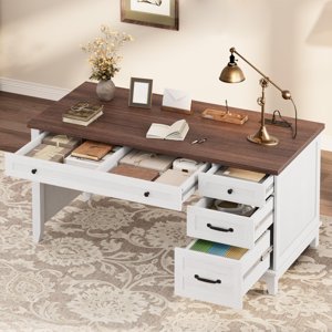 53.5" Bureau exécutif avec 4 Tiroirs, bureau de la maison agricole avec armoire de fichiers, bureau d'écriture d'ordinateur en bois pour l'étude, table de conférence, blanc