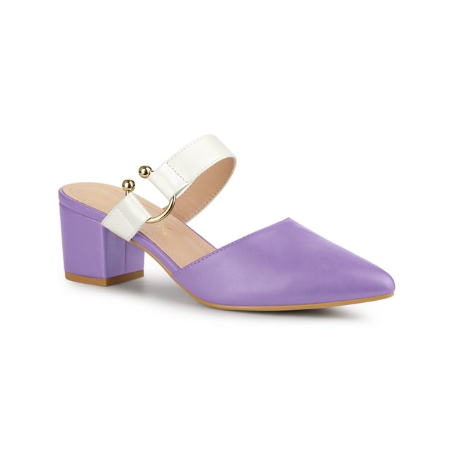 BLISSFUL STEP Mules pour Femmes Bout Pointu Bride à Boucle Talon Bloc Chaussures à Enfiler Violet Blanc 9