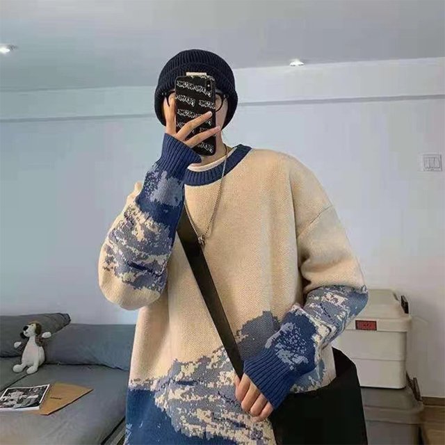 VONKY Warm In Style Hip Hop Streetwear Sweater With Japanese Snow Mountain Pattern Wide Applicable Blue M