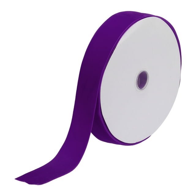 Unique Bargains Velvet Ribbon 1 1/2 Inch x 25 Yard Single Face Spool in dark purple. The ribbon is made of soft velvet material, offering a silky texture and luxurious appearance. It is displayed on a white spool with a portion of the ribbon unrolled, showcasing its smooth surface and vibrant colour. Ideal for DIY crafts, gift wrapping, bow decoration, and other creative projects.