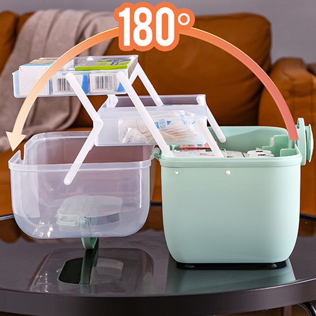 Pill Case with Handle Large 2-layers Drawer Family First Aid Kit Storage Box Household Multi-functional Plastic Container Home Green large