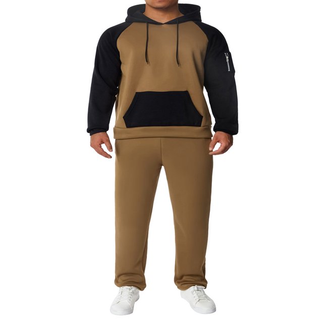 Men‘s Fitness Sports Pants Set Contrast Color Patchwork Drawstring Hooded Large Pocket Sweater + High Stretch Pants