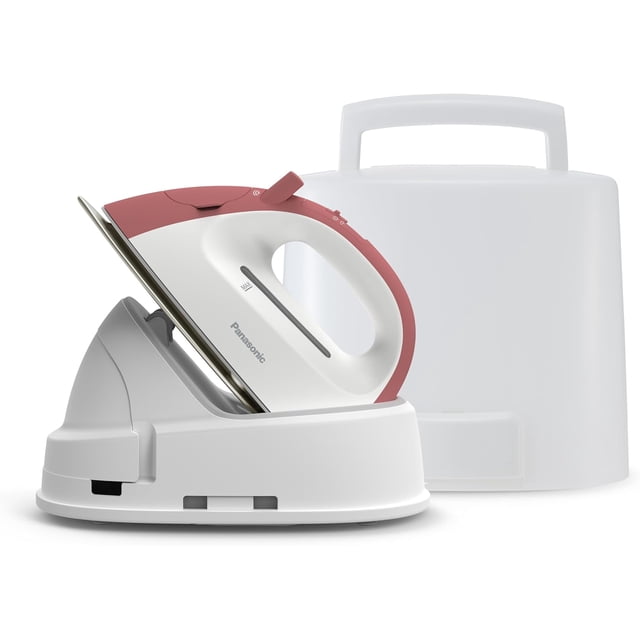 Panasonic Mini Cordless Iron Red shown in 3/4 profile resting on its white charging station with a white carrying case behind, featuring a red and white compact body, edged tip for precise control, non-stick U shape soleplate, and powerful steam for fast cordless ironing and vertical steaming.