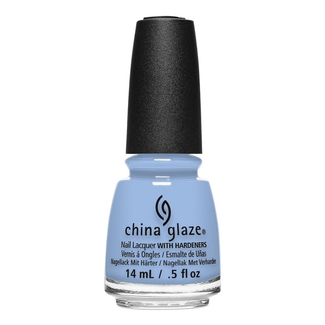 China Glaze Nail Lacquer - Boho Blues - 0.5 FL OZ bottle with light blue polish and textured black cap, formulated with hardeners for long-lasting, chip-resistant wear and suitable for professional nail care and creative nail art.
