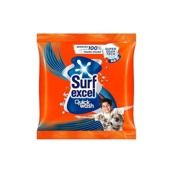 Surf Excel Quick Wash Detergent Powder, With Power Of Lemon & Bleach, Removes Tough Stains, 500 g front-facing detergent powder pouch with 500 g weight, product title and subtitle referencing lemon and bleach power, visible lemon graphic and claim text listing tough stains removed such as oil, ketchup and chocolate, on plain white studio background.