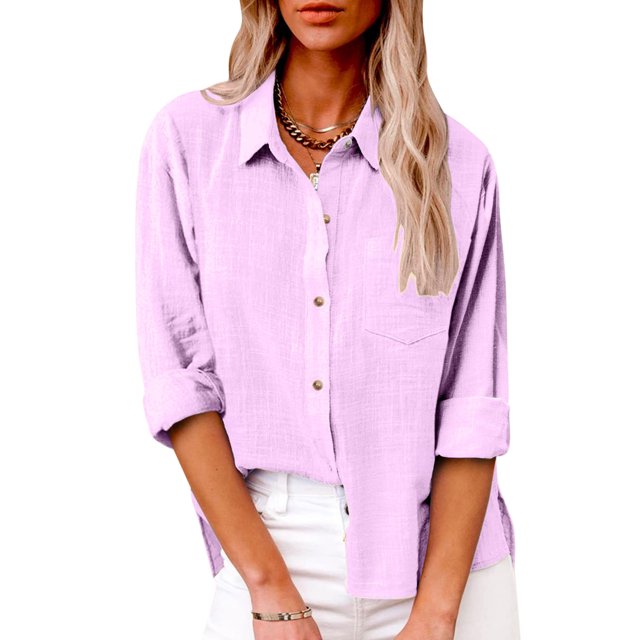 AherBiu Plus Size Women Button down Tops Long Sleeve Lapel Collar Linen Tops Fall Casual Solid Color Cotton Blouses