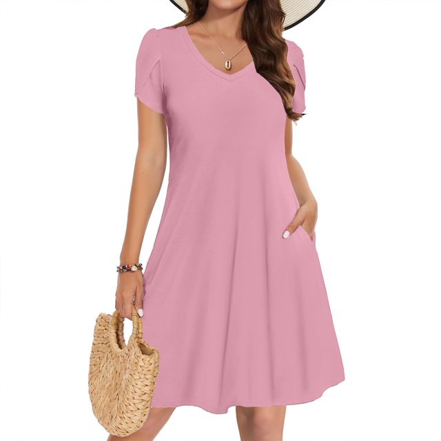Admvng Robe pour Femmes Été 2025 à Manches, Design en Gousse, Robe de Couleur Unie à Col en V avec Poche P-2TG
