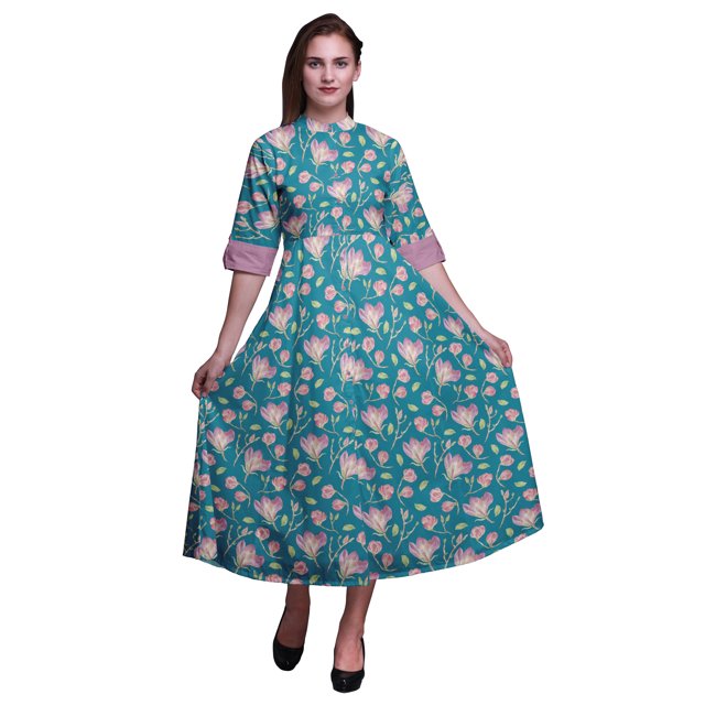 Bimba Robe à Manches Roulées pour Femmes à Imprimé Floral, Col Mandarin, Chemise Boutonnée - Grand
