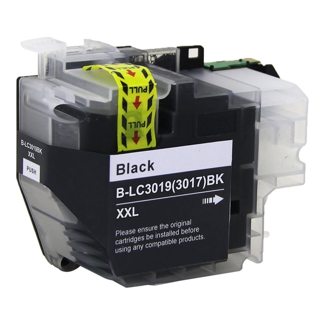 L-ink Compatible Ink cartridge LC10E Black (LC10EBK, LC-10E) shown from a front angle, featuring a black and transparent plastic inkjet cartridge with a yellow pull tab. This compatible black ink cartridge, model B-LC3019(3017)BK XXL, delivers sharp text and images with a 2400 page yield, ideal for printer toner and cartridges.