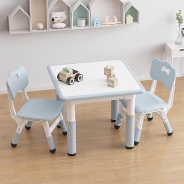 Kids Table and 2 Chairs Set, Height Adjustable Toddler Table and Chair Set for 2, Graffiti Desktop, Non-Slip Design, Children Table for Home Daycare Preschool for Ages 2-8, Gray Blue