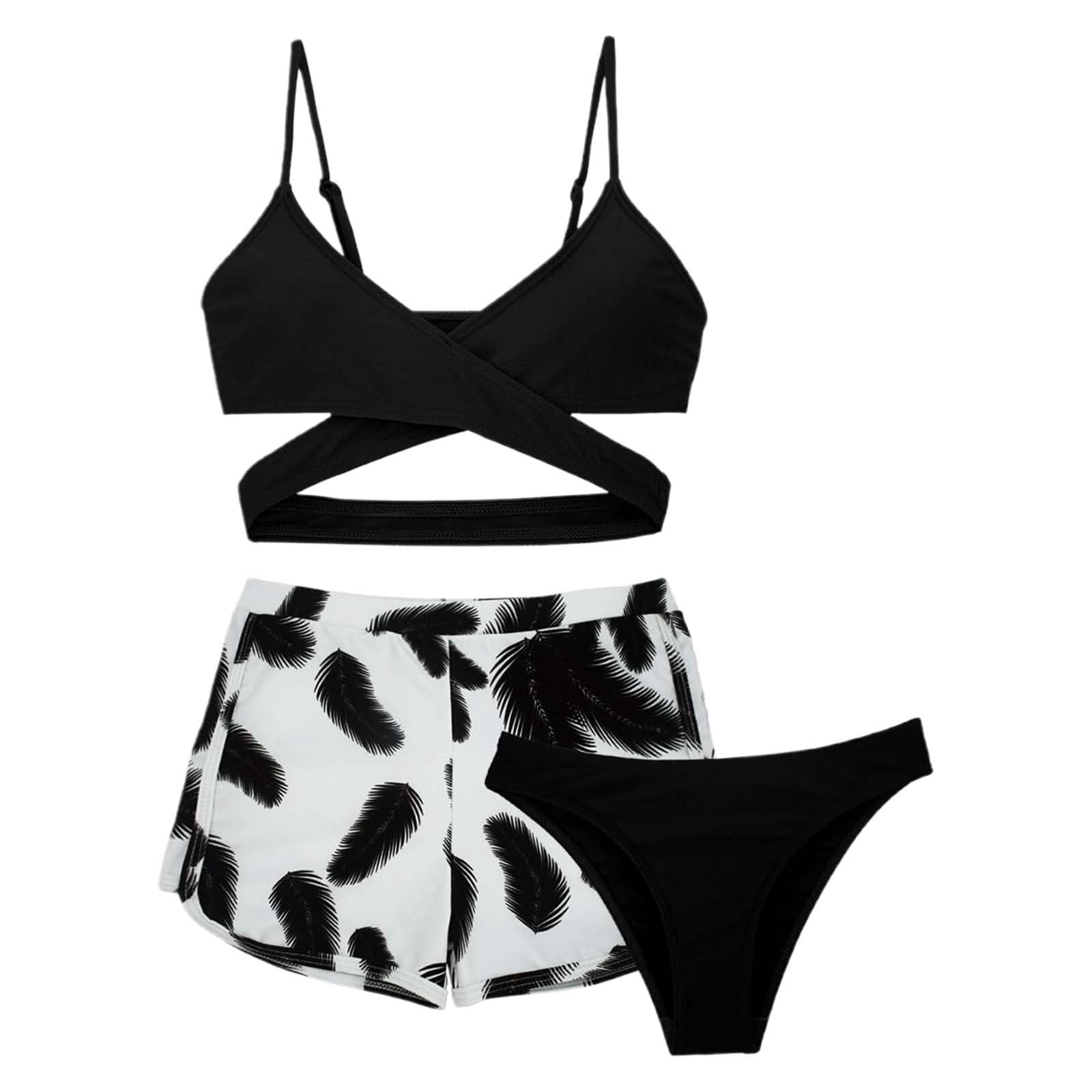 MIASHUI Girls Bathing Suits 3 Piece Swimsuit Summer Bikini Sets with Shorts,Black,8-9 Years